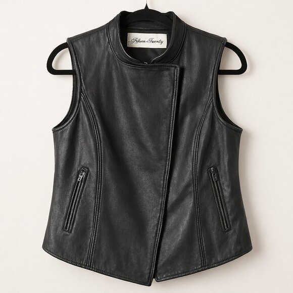 Fifteen Twenty Black Leather Moto Vest Asym Zip Waterfall High Low Back Size L - Picture 2 of 8